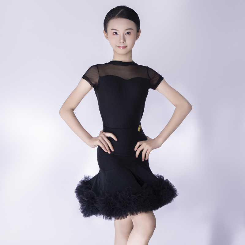 rochie de dans latino pentru fete – material nylon 80-90%, vară 2025, mâneci scurte, fustă cu volum mare, stil prințesă