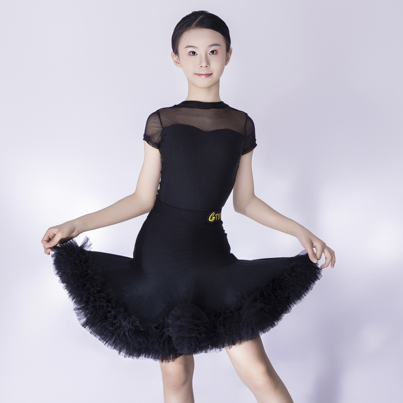 rochie de dans latino pentru fete – material nylon 80-90%, vară 2025, mâneci scurte, fustă cu volum mare, stil prințesă