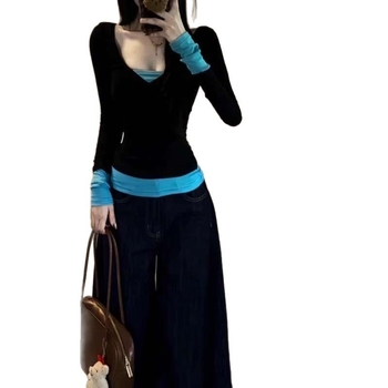 Material modal, decolteu în V, mâneci lungi, design color-block, croi slim fit