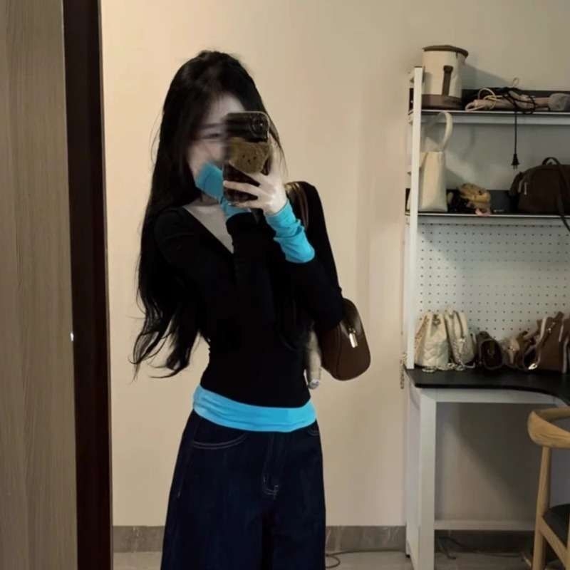 Material modal, decolteu în V, mâneci lungi, design color-block, croi slim fit