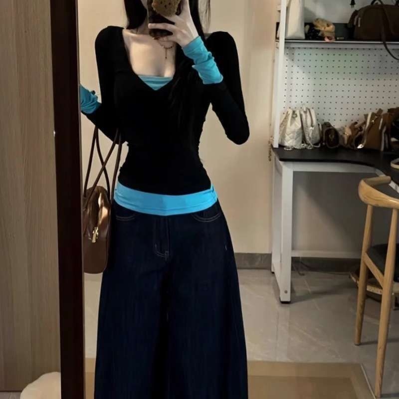 Material modal, decolteu în V, mâneci lungi, design color-block, croi slim fit