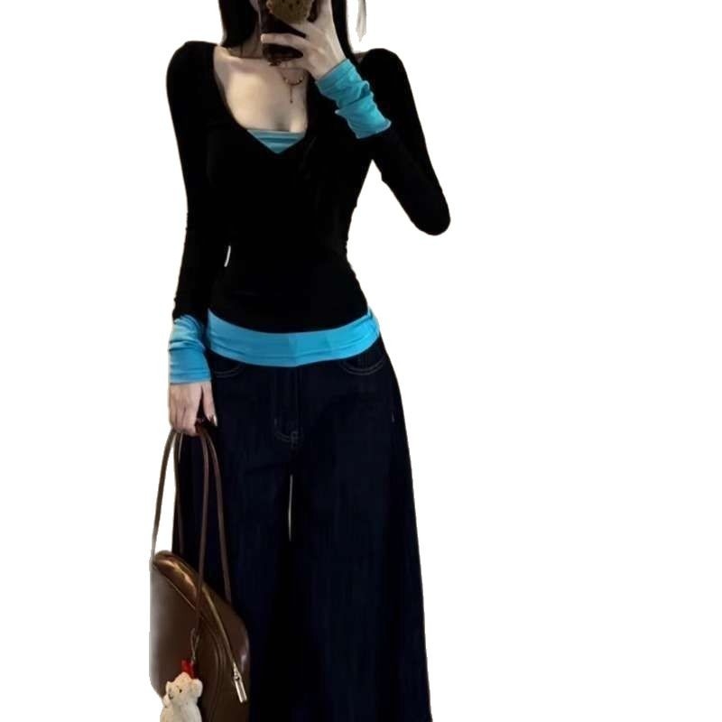 Material modal, decolteu în V, mâneci lungi, design color-block, croi slim fit