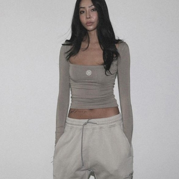 Pamuk majica za žene s dugim rukavima i kvadratnim ovratnikom, strukom prilagođeni kroj, otisak, korejski stil