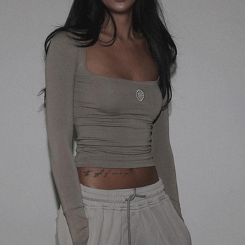 Pamuk majica za žene s dugim rukavima i kvadratnim ovratnikom, strukom prilagođeni kroj, otisak, korejski stil