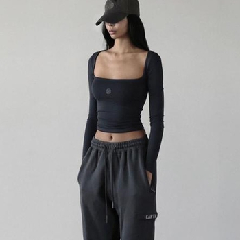 Pamuk majica za žene s dugim rukavima i kvadratnim ovratnikom, strukom prilagođeni kroj, otisak, korejski stil