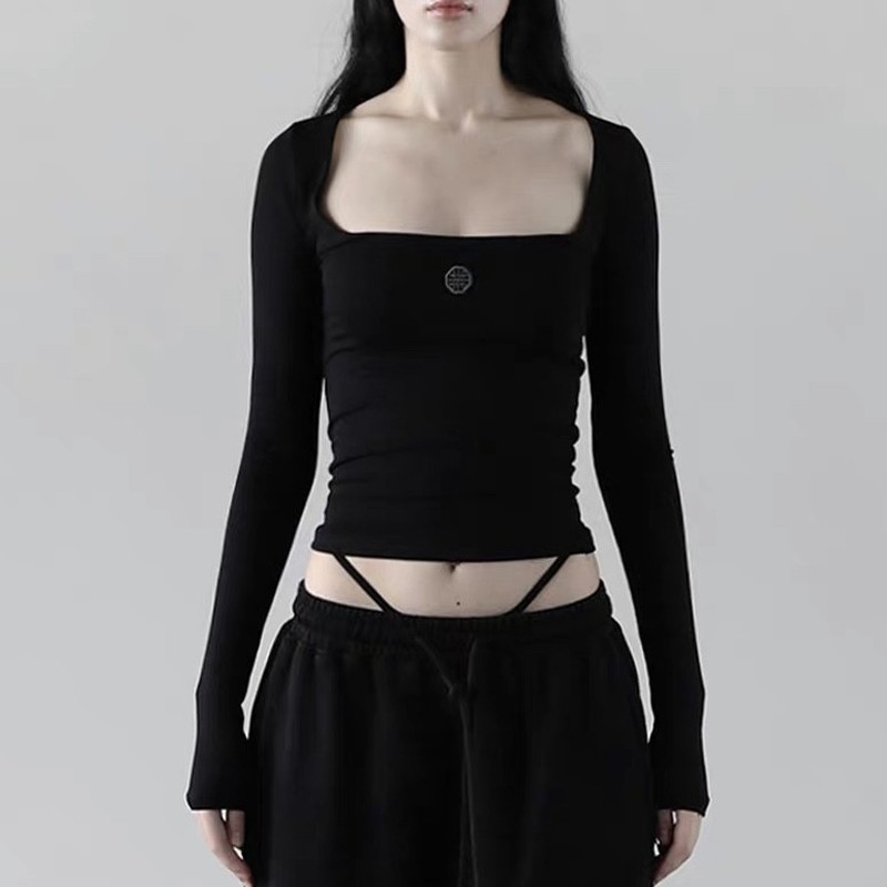 Pamuk majica za žene s dugim rukavima i kvadratnim ovratnikom, strukom prilagođeni kroj, otisak, korejski stil