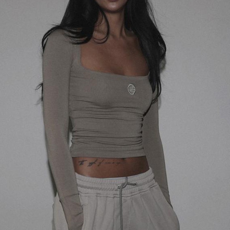 Pamuk majica za žene s dugim rukavima i kvadratnim ovratnikom, strukom prilagođeni kroj, otisak, korejski stil