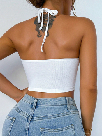 Ženski camisole crop top - Poliester, bez rukava, Vrat s vezicom, Uski kroj, Šivanje