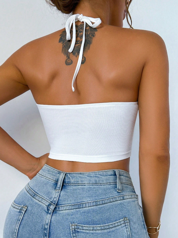 Ženski camisole crop top - Poliester, bez rukava, Vrat s vezicom, Uski kroj, Šivanje