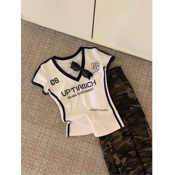 Žensko T-shirt s V-izrezom, kratki rukavi, pamuk s elastanom, tekstni otisak, uži kroj