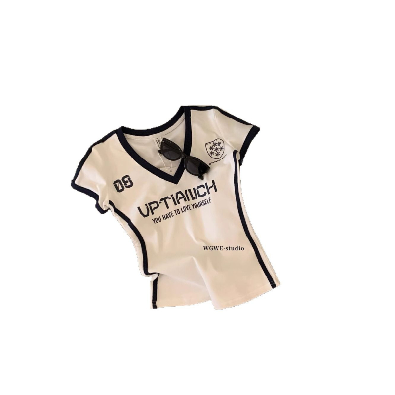 Žensko T-shirt s V-izrezom, kratki rukavi, pamuk s elastanom, tekstni otisak, uži kroj
