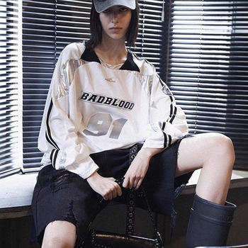 Majica s izvezenim slovima Badblood, pamuk, dugi rukav, V-izrez, street hipster stil