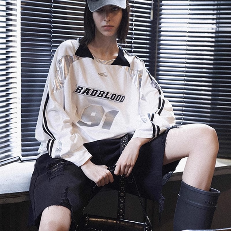 Majica s izvezenim slovima Badblood, pamuk, dugi rukav, V-izrez, street hipster stil
