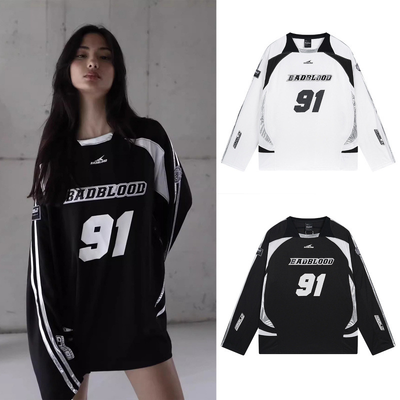 Majica s izvezenim slovima Badblood, pamuk, dugi rukav, V-izrez, street hipster stil