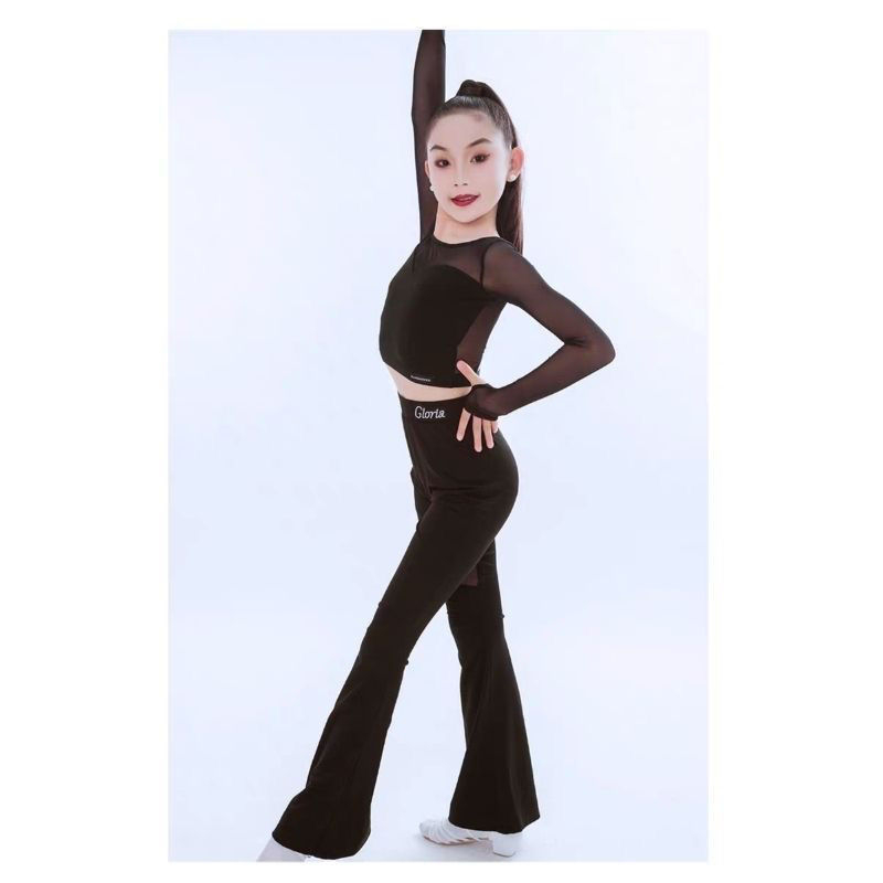 Latina tantsukomplekt naistele ja lastele – võrgust topp, bārkstide seelik ja püksid; Hiina stiil, kirjanduslik retro; kangas: Tr kangas; PVC kuni 30% sisaldusega; kevad 2025