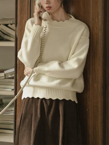 Ženski pleteni džemper s čipkastim ovratnikom, jesen-zima, vintage stil, labav kroj, dugi rukavi