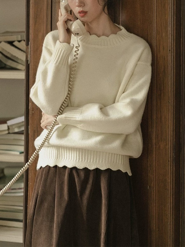 Ženski pleteni džemper s čipkastim ovratnikom, jesen-zima, vintage stil, labav kroj, dugi rukavi