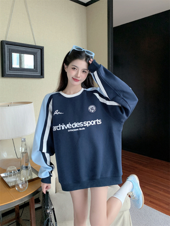 Ženski pulover s raglan rukavima, kontrastna ramena, bez kapulje, tekstni ispis, okrugli izrez, pamuk-poliester mješavina, srednja duljina, japansko-korejski casual stil, jesen 2024
