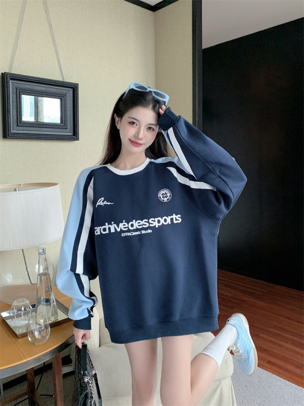 Ženski pulover s raglan rukavima, kontrastna ramena, bez kapulje, tekstni ispis, okrugli izrez, pamuk-poliester mješavina, srednja duljina, japansko-korejski casual stil, jesen 2024