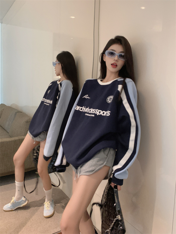 Ženski pulover s raglan rukavima, kontrastna ramena, bez kapulje, tekstni ispis, okrugli izrez, pamuk-poliester mješavina, srednja duljina, japansko-korejski casual stil, jesen 2024