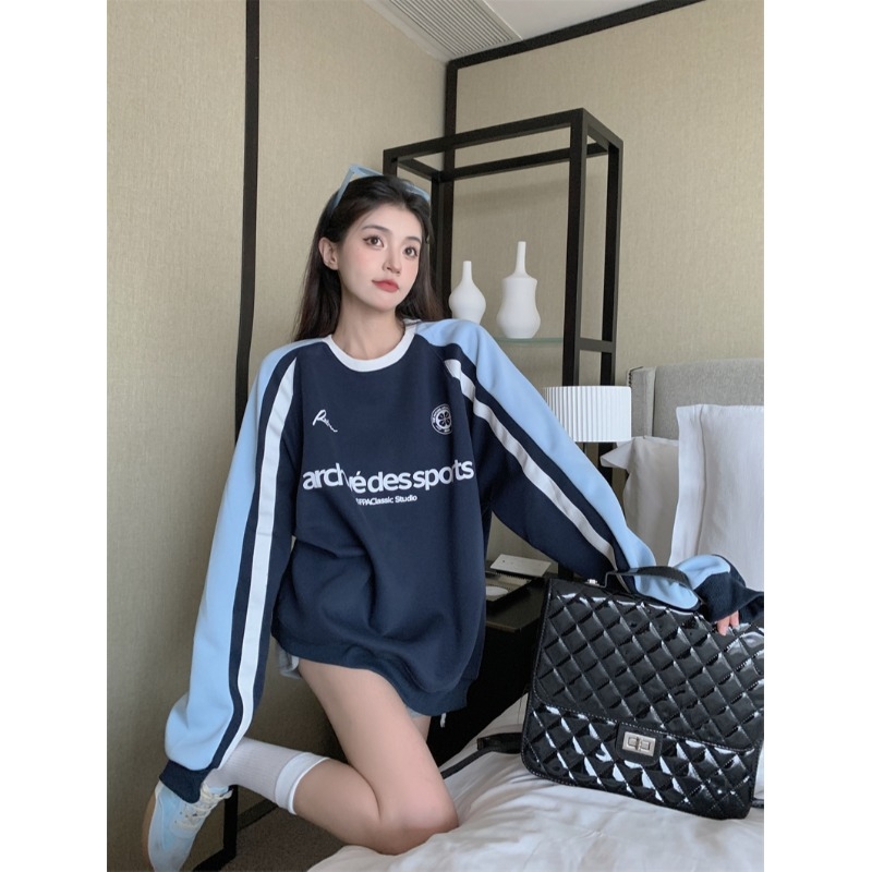 Ženski pulover s raglan rukavima, kontrastna ramena, bez kapulje, tekstni ispis, okrugli izrez, pamuk-poliester mješavina, srednja duljina, japansko-korejski casual stil, jesen 2024
