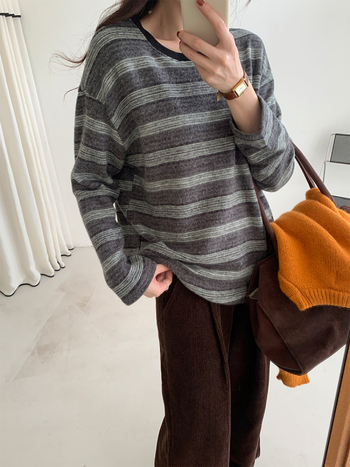 Pletena majica s prugama, okrugli izrez, dugi rukavi, ležerni stil/korejski casual, akrilna vlakna 70–80%