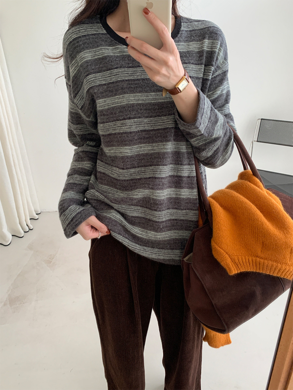 Pletena majica s prugama, okrugli izrez, dugi rukavi, ležerni stil/korejski casual, akrilna vlakna 70–80%
