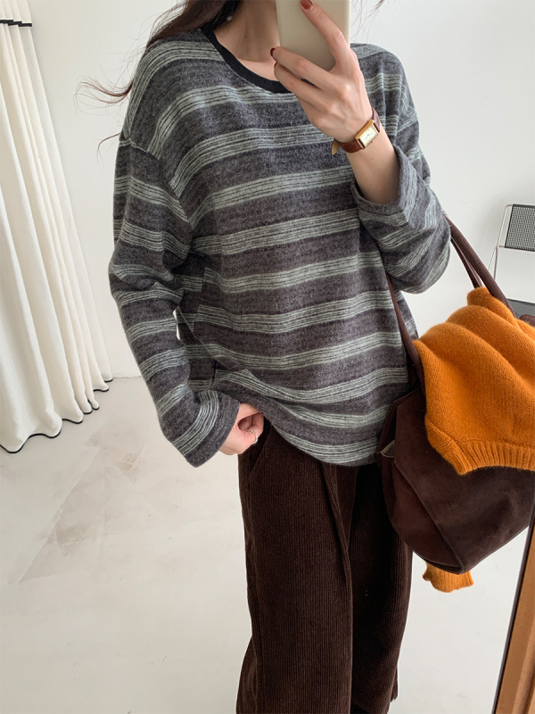 Pletena majica s prugama, okrugli izrez, dugi rukavi, ležerni stil/korejski casual, akrilna vlakna 70–80%
