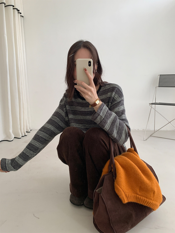 Pletena majica s prugama, okrugli izrez, dugi rukavi, ležerni stil/korejski casual, akrilna vlakna 70–80%