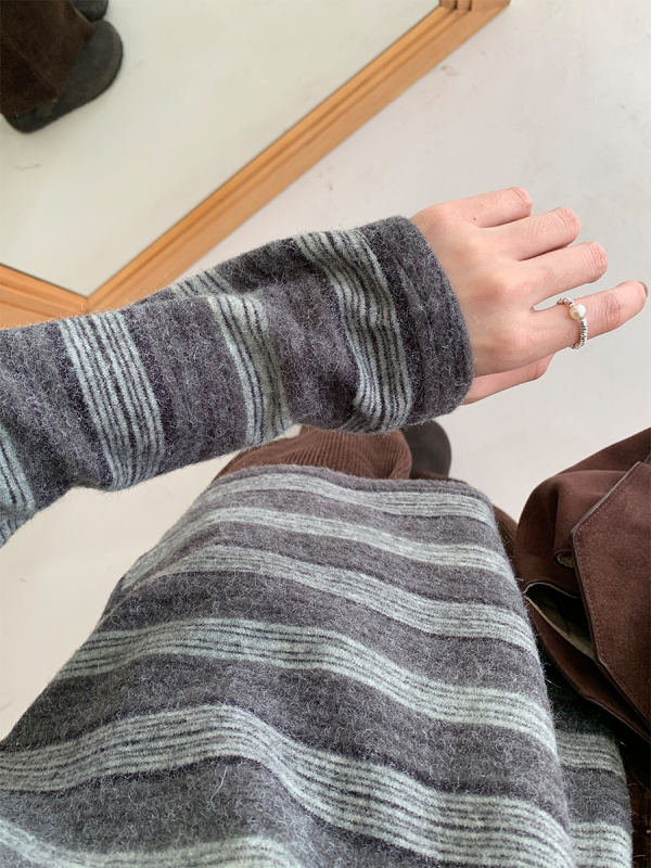 Pletena majica s prugama, okrugli izrez, dugi rukavi, ležerni stil/korejski casual, akrilna vlakna 70–80%
