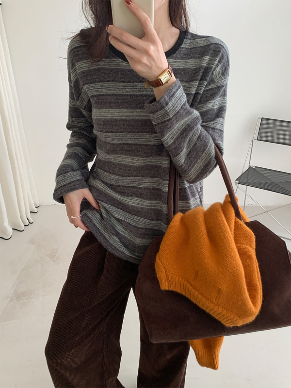 Pletena majica s prugama, okrugli izrez, dugi rukavi, ležerni stil/korejski casual, akrilna vlakna 70–80%