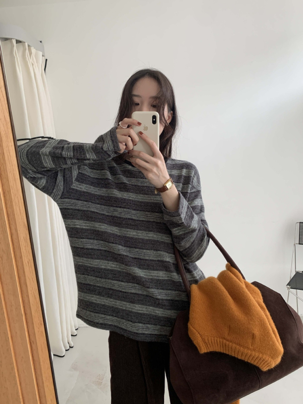 Pletena majica s prugama, okrugli izrez, dugi rukavi, ležerni stil/korejski casual, akrilna vlakna 70–80%