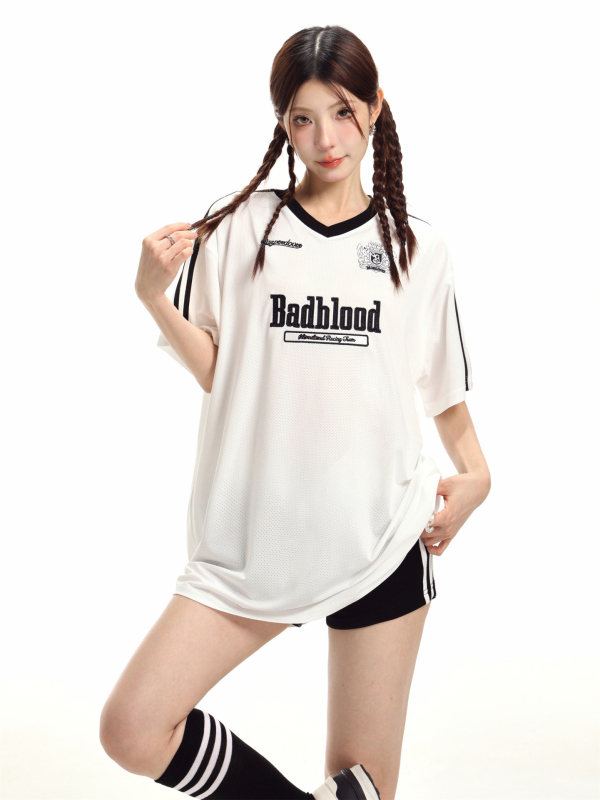 Badblood ženska široka majica za ljeto s V-izrezom, kratki rukavi, dres-stil, s varsity slovima