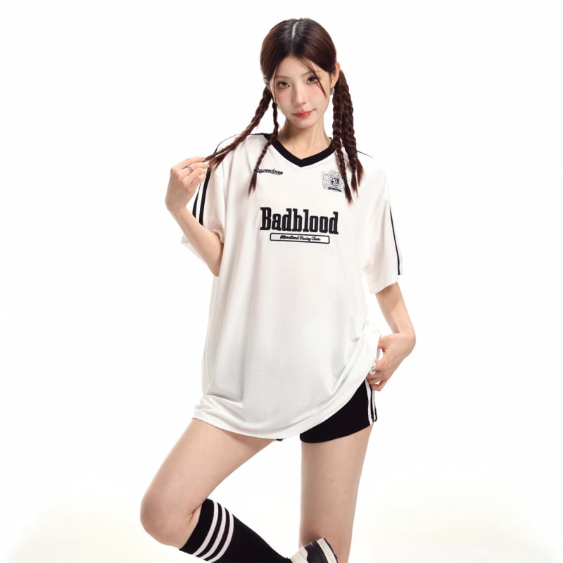 Badblood ženska široka majica za ljeto s V-izrezom, kratki rukavi, dres-stil, s varsity slovima