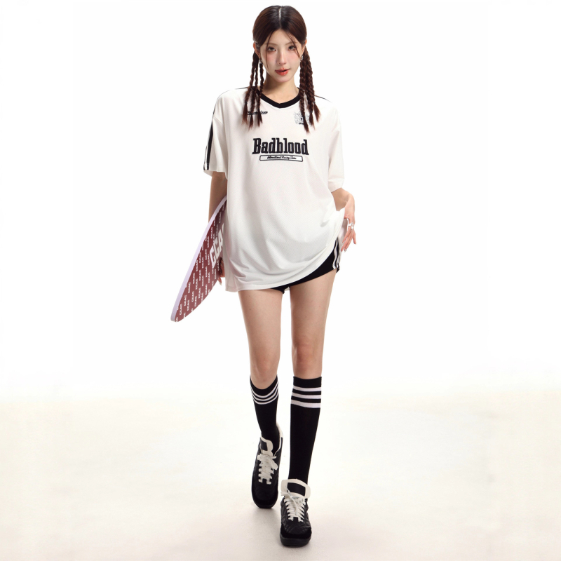 Badblood ženska široka majica za ljeto s V-izrezom, kratki rukavi, dres-stil, s varsity slovima