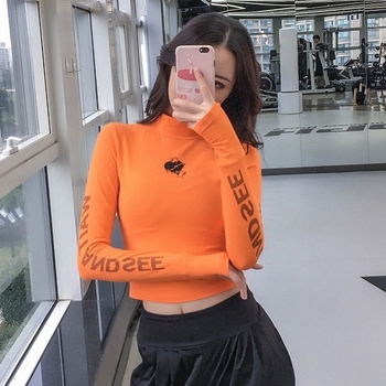 Ženski cropped top s visokim vratom, uski kroj, dugi rukavi, otkriva pupak, za jesen-zimu, top za ples i fitness
