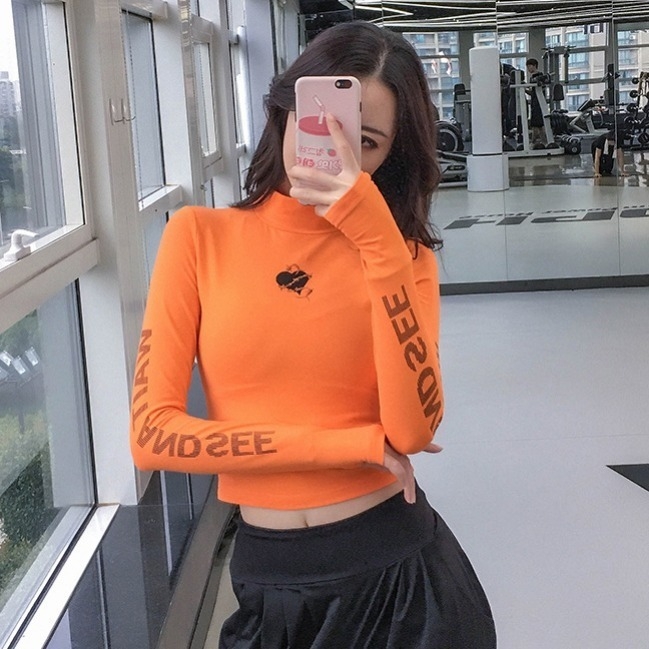 Ženski cropped top s visokim vratom, uski kroj, dugi rukavi, otkriva pupak, za jesen-zimu, top za ples i fitness