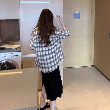 Cămașă în carouri, stil cardigan casual, croială lejeră, mâneci lungi