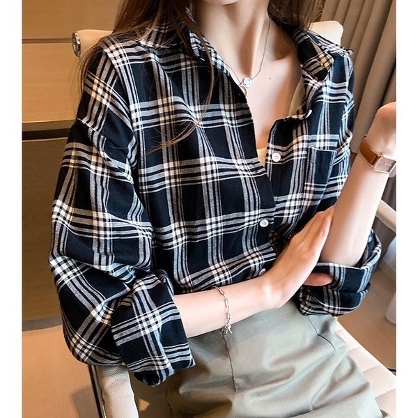 Cămașă în carouri, stil cardigan casual, croială lejeră, mâneci lungi