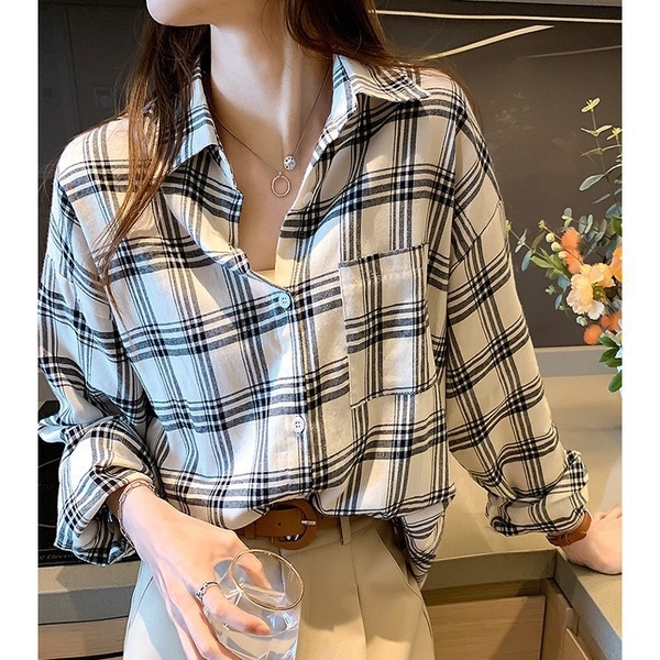 Cămașă în carouri, stil cardigan casual, croială lejeră, mâneci lungi