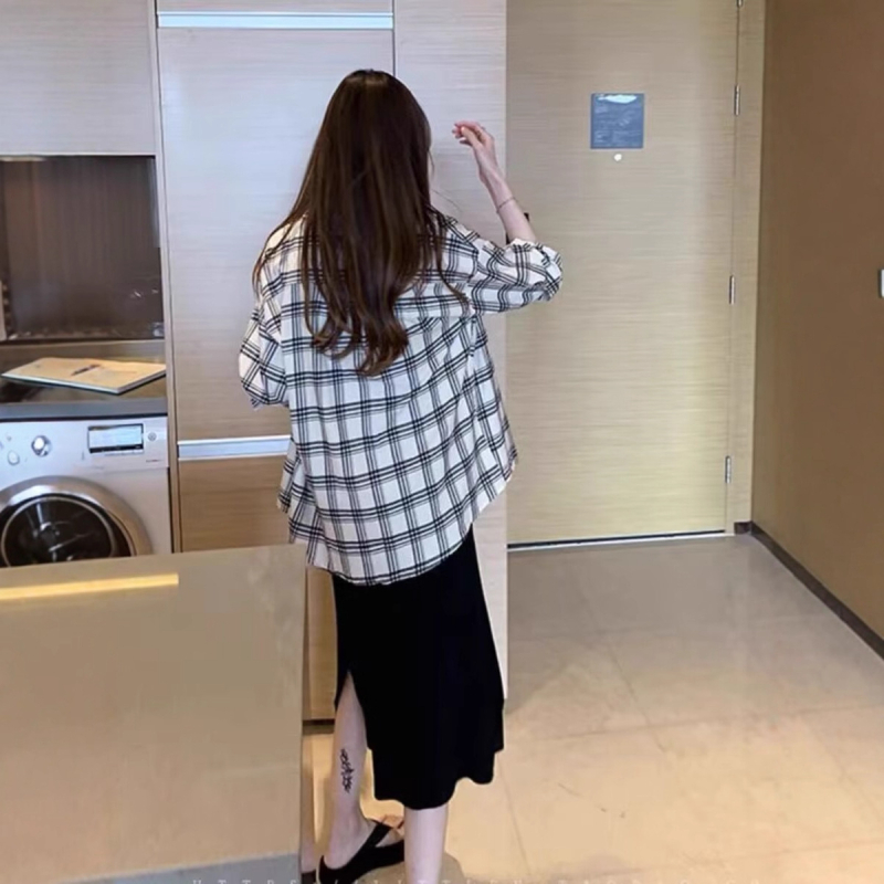 Cămașă în carouri, stil cardigan casual, croială lejeră, mâneci lungi