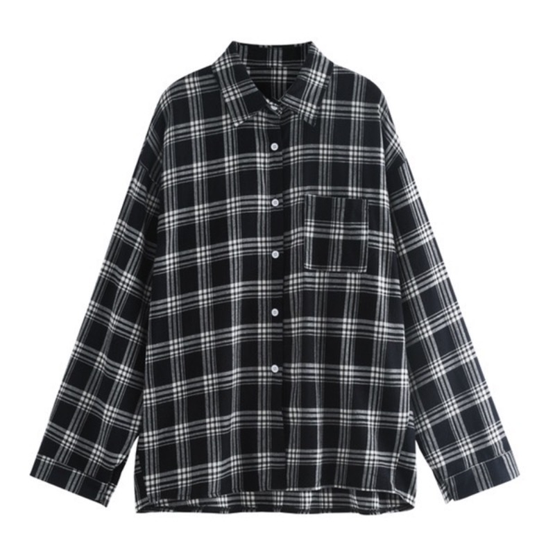Cămașă în carouri, stil cardigan casual, croială lejeră, mâneci lungi