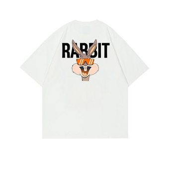 Bijeli pamucni T-shirt s printsom zeca, kratki rukav, okrugli izrez, svestran bazni komad, gradski stil