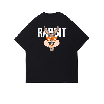Bijeli pamucni T-shirt s printsom zeca, kratki rukav, okrugli izrez, svestran bazni komad, gradski stil