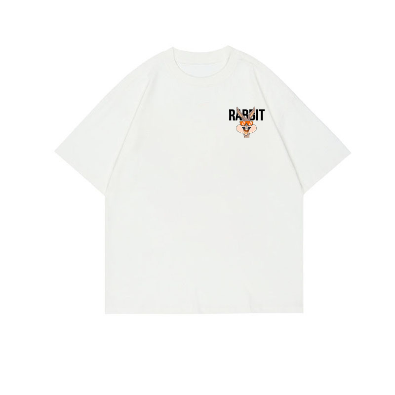 Bijeli pamucni T-shirt s printsom zeca, kratki rukav, okrugli izrez, svestran bazni komad, gradski stil