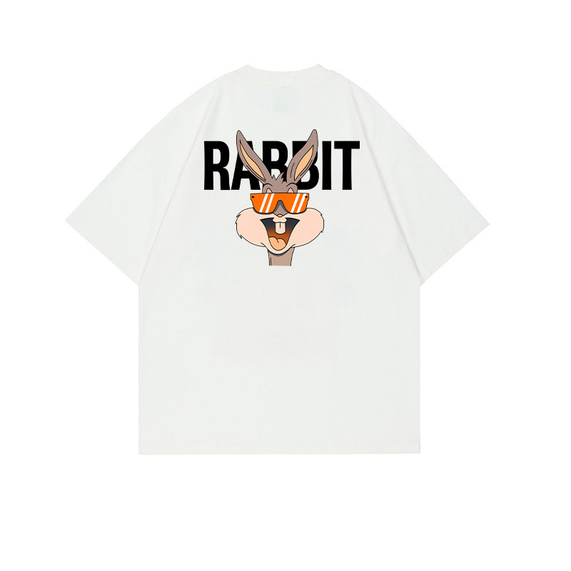 Bijeli pamucni T-shirt s printsom zeca, kratki rukav, okrugli izrez, svestran bazni komad, gradski stil