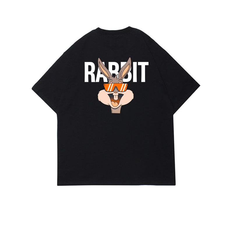Bijeli pamucni T-shirt s printsom zeca, kratki rukav, okrugli izrez, svestran bazni komad, gradski stil