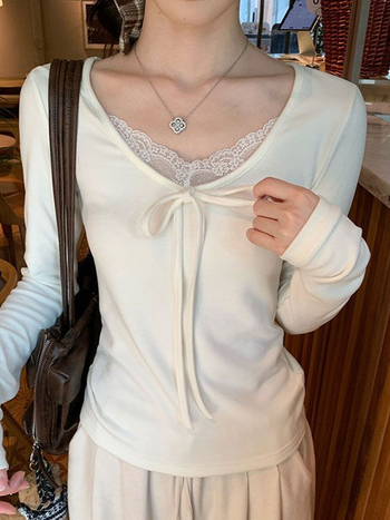 Tricou damă, cu croială Slim-Fit, mâneci lungi, guler rotund, dantelă — poliester 90–95%, lungime scurtă 40–50 cm, stil casual japonez-coreean