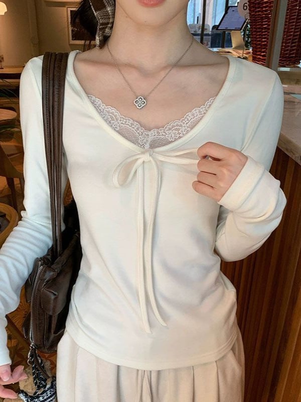 Tricou damă, cu croială Slim-Fit, mâneci lungi, guler rotund, dantelă — poliester 90–95%, lungime scurtă 40–50 cm, stil casual japonez-coreean