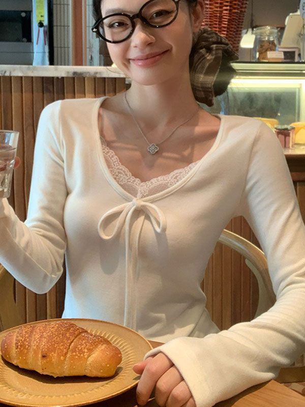 Tricou damă, cu croială Slim-Fit, mâneci lungi, guler rotund, dantelă — poliester 90–95%, lungime scurtă 40–50 cm, stil casual japonez-coreean